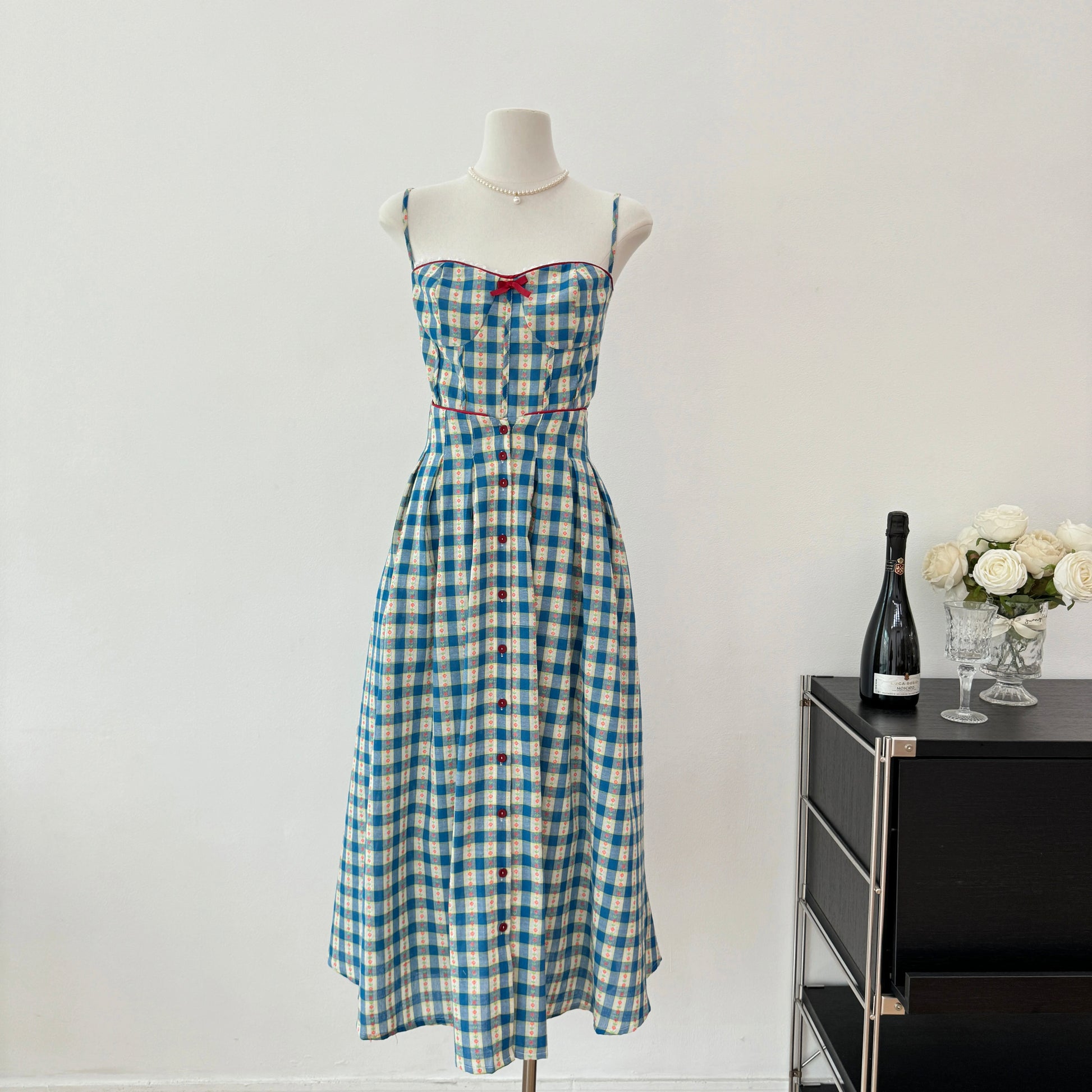 Vintage Gingham Floral Cami Dress (Blue) M Vintage Gingham Floral Cami Dress (Blue) M