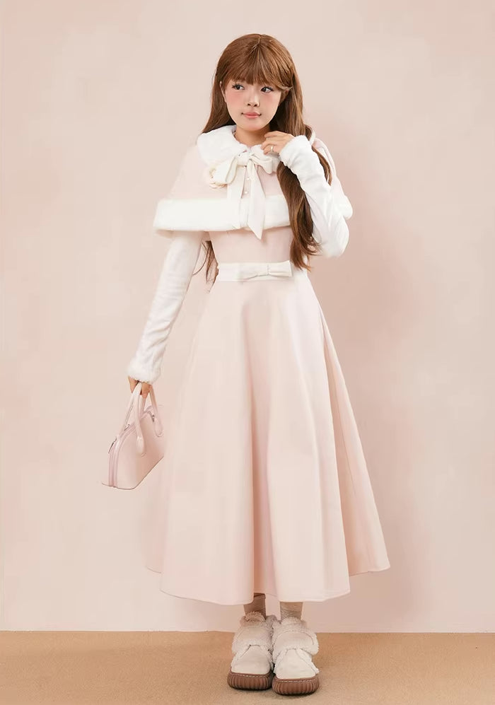 Cotton Candy Capelet & Midi Dress Set (Pink/White)