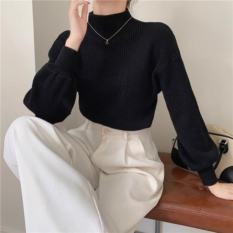 Balloon Sleeve Ribbed Sweater (4 Colors)