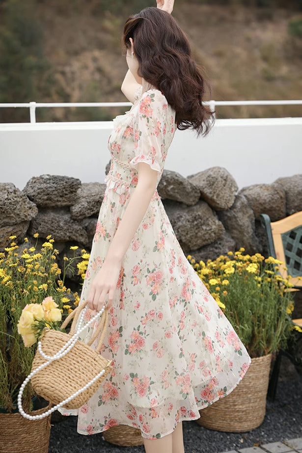 Peony Blush Midi Dress (Cream/Pink)