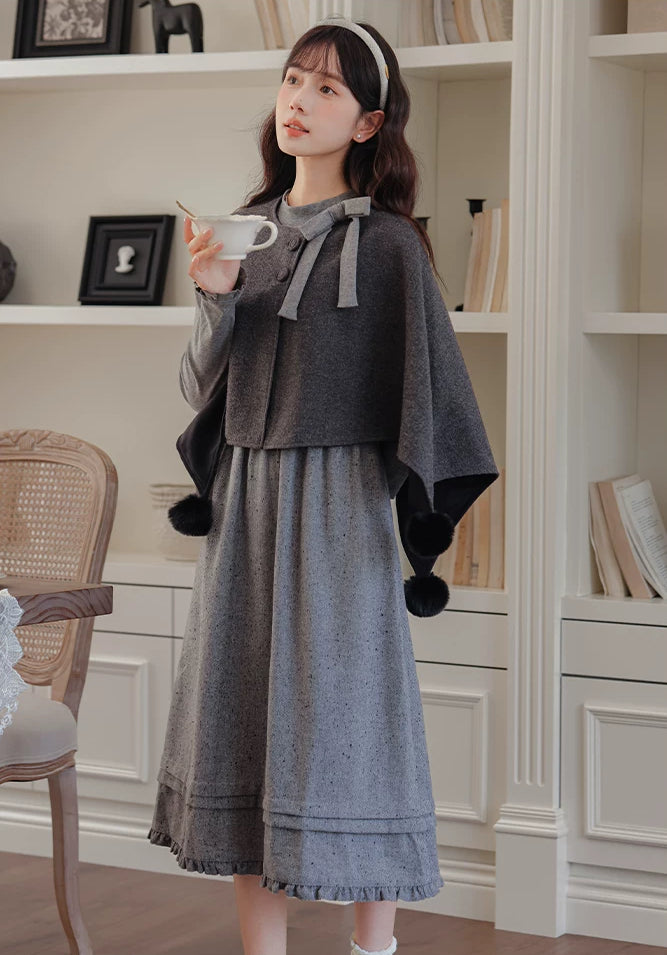 Sesame Sweater Dress & Capelet (Gray)
