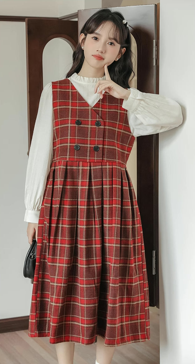 Biscuit Plaid Midi Dress (Red)