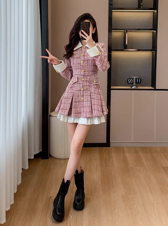 Flirty Plaid Tweed Mini Dress (Pink)