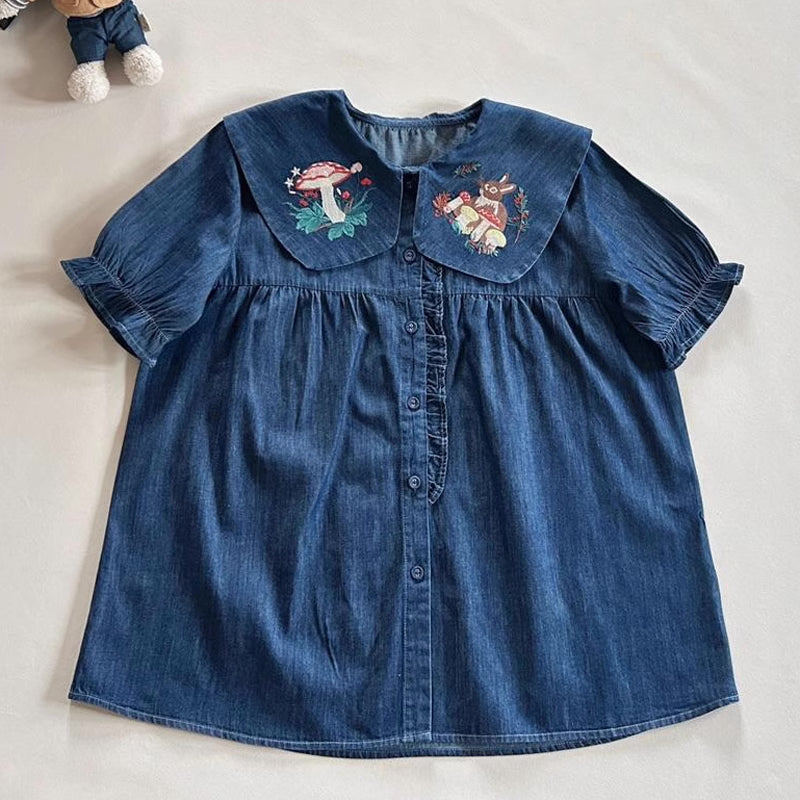 Mushroom Bunny Denim Blouse (2 Colors)