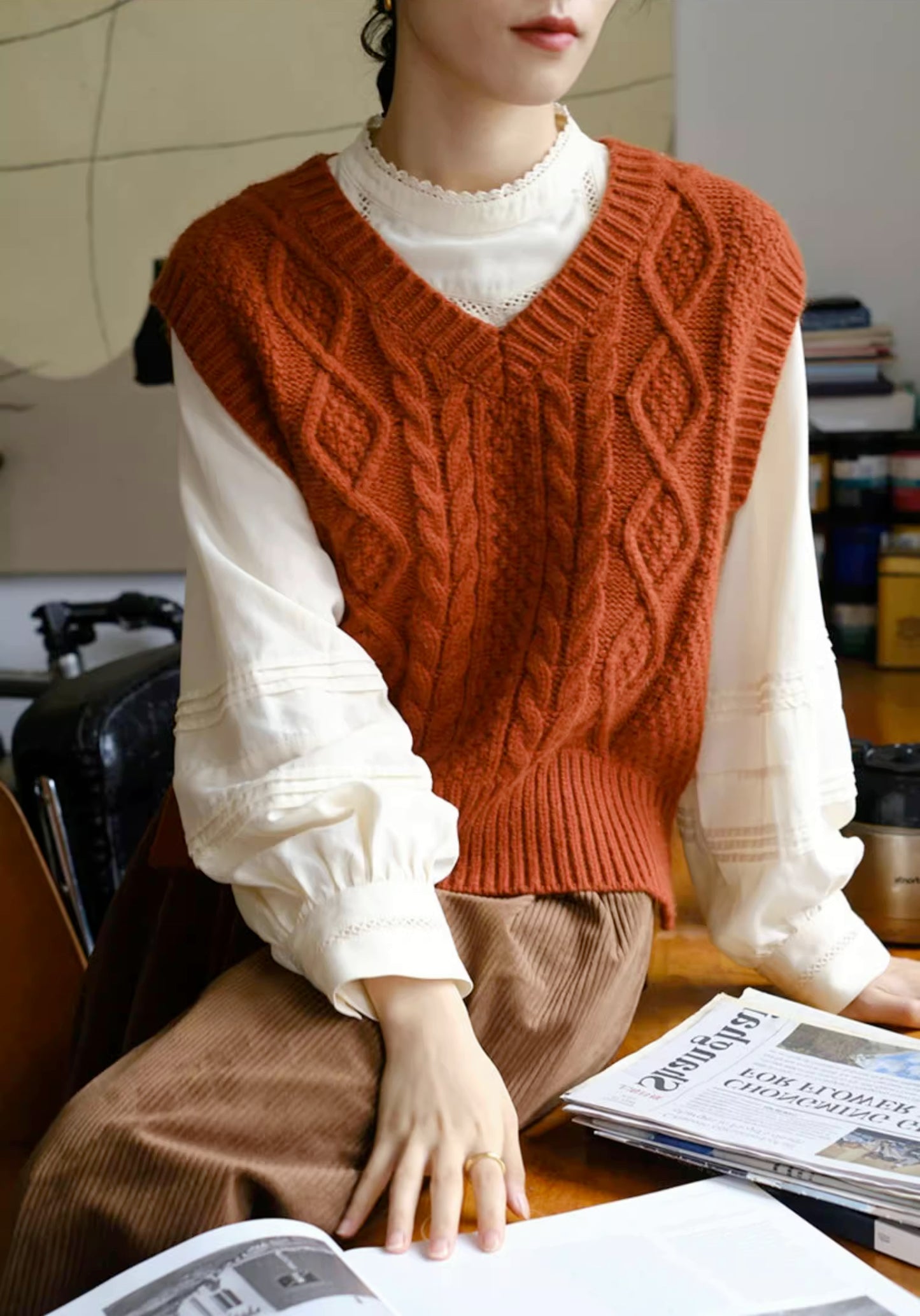 Maple Cable Knit Vest (Rust)