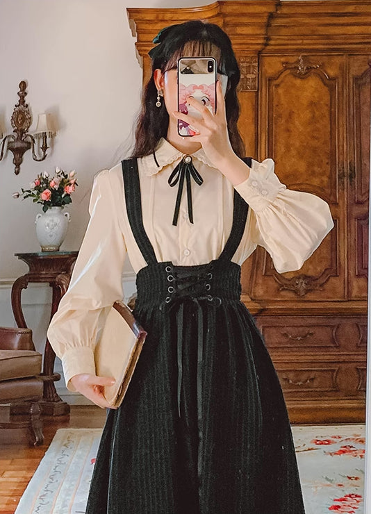 Long Sleeve Crepe Suspender Skirt Set (2 Colors)