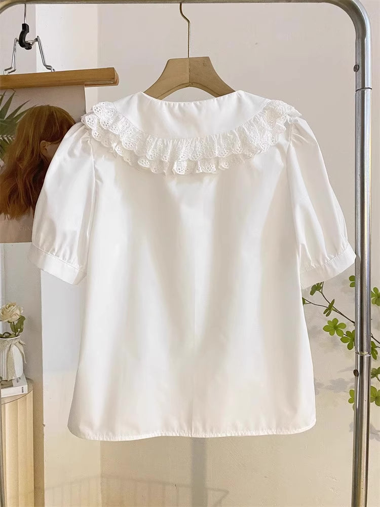 Double Collar Short Sleeve Blouse (White)