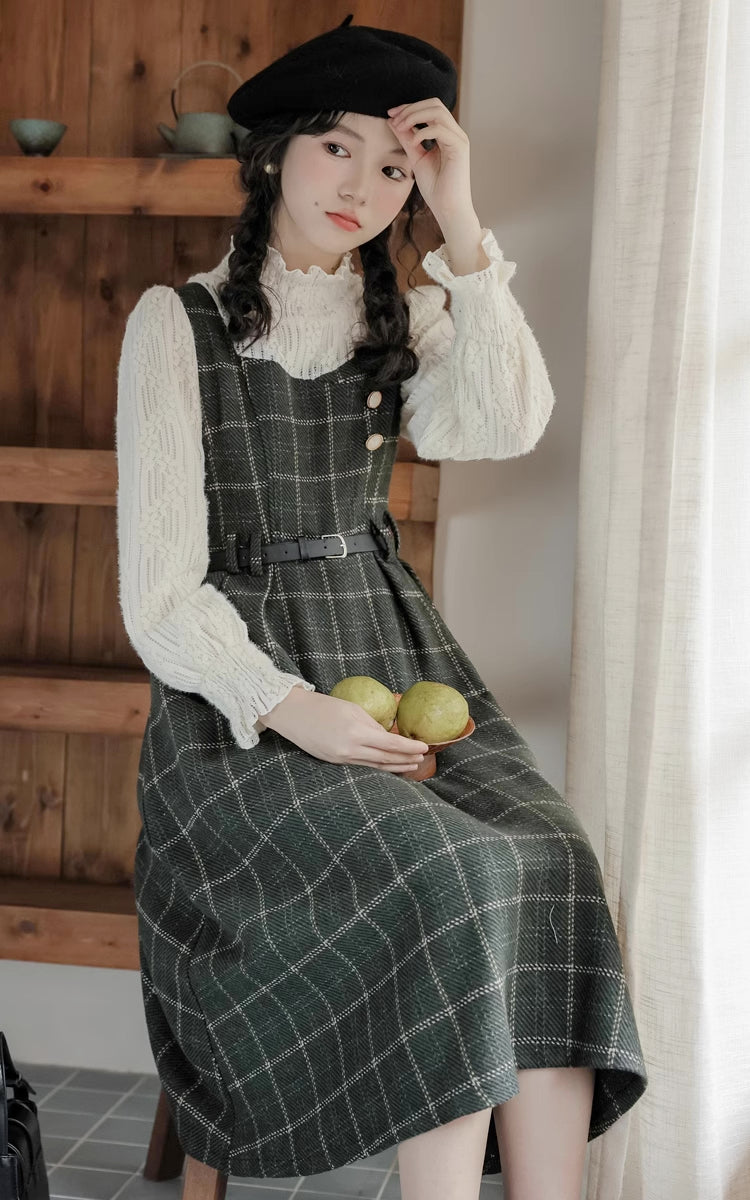 Plaid Pinafore Twofer Midi Dress (Green)