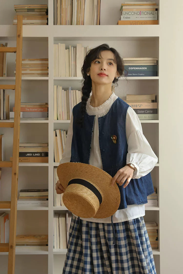 Everyday Blouse, Denim Vest & Gingham Skirt Set