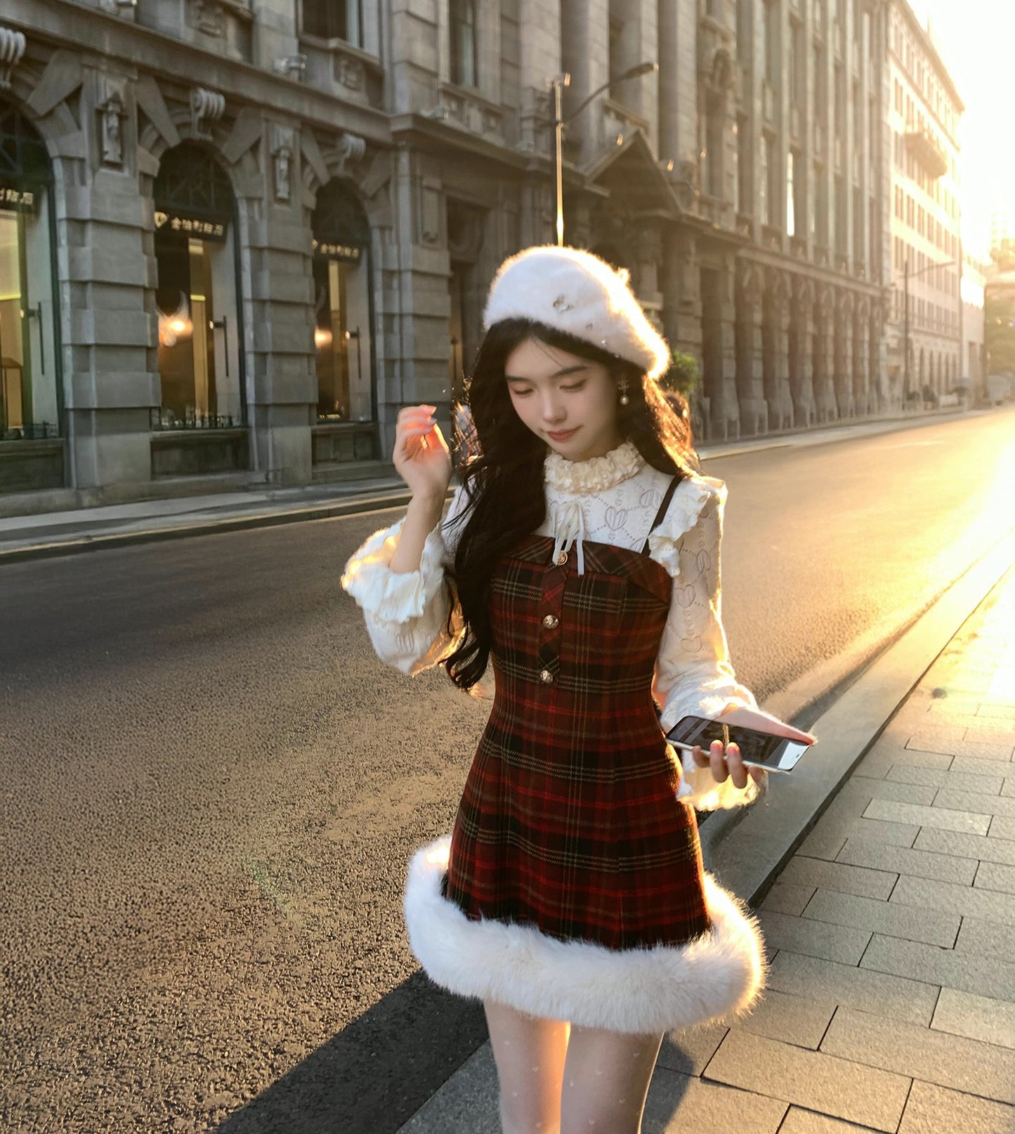 Merry Plaid Mini Dress & Capelet Set (Red)