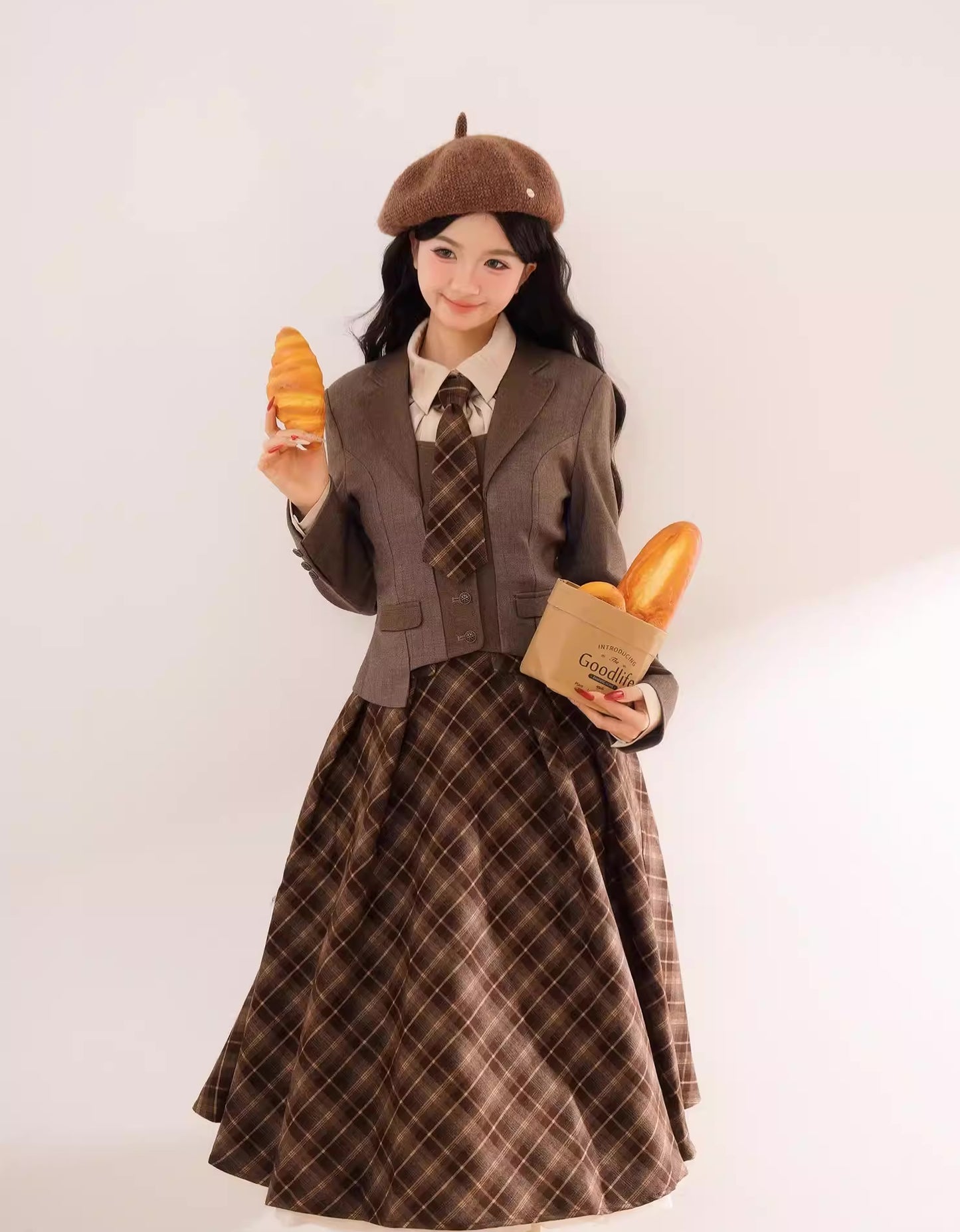 Newsgirl Plaid Suspender Skirt & Blouse Set (2 Colors)