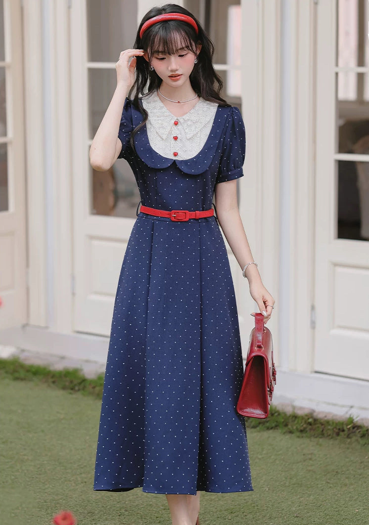 Miss Americana Polka Dot Midi Dress (Navy)