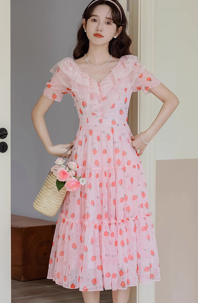 Strawberry Girl Midi Dress (Pink)