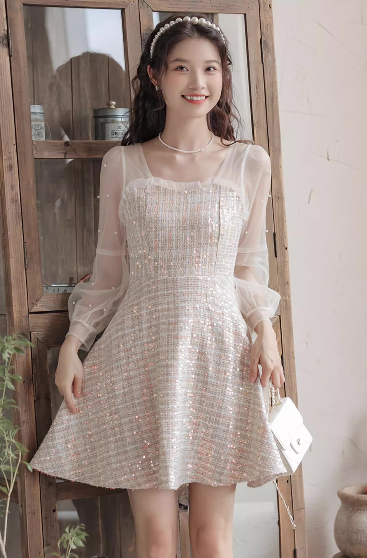 Daytime Sequin Tweed Mini Dress (Beige) Megoosta Fashion Daytime Sequin Tweed Mini Dress (Beige) Megoosta Fashion