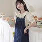 Flower Embroidered Mini Pinafore Dress (Dark Denim)