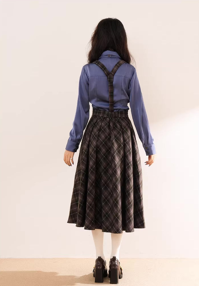 Newsgirl Plaid Suspender Skirt & Blouse Set (2 Colors)