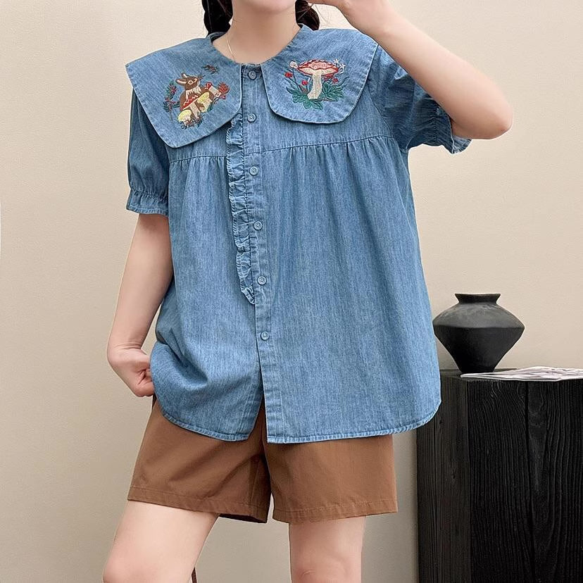 Mushroom Bunny Denim Blouse (2 Colors)