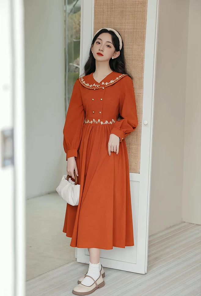 Autumn Floral Shawl Collar Midi Dress (Burnt Orange)