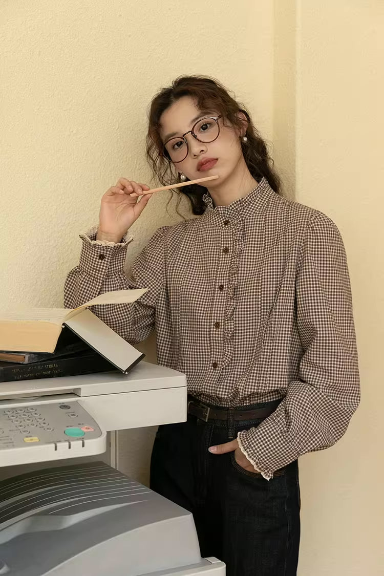 Gingham Plaid Ruffle Blouse (Coffee)