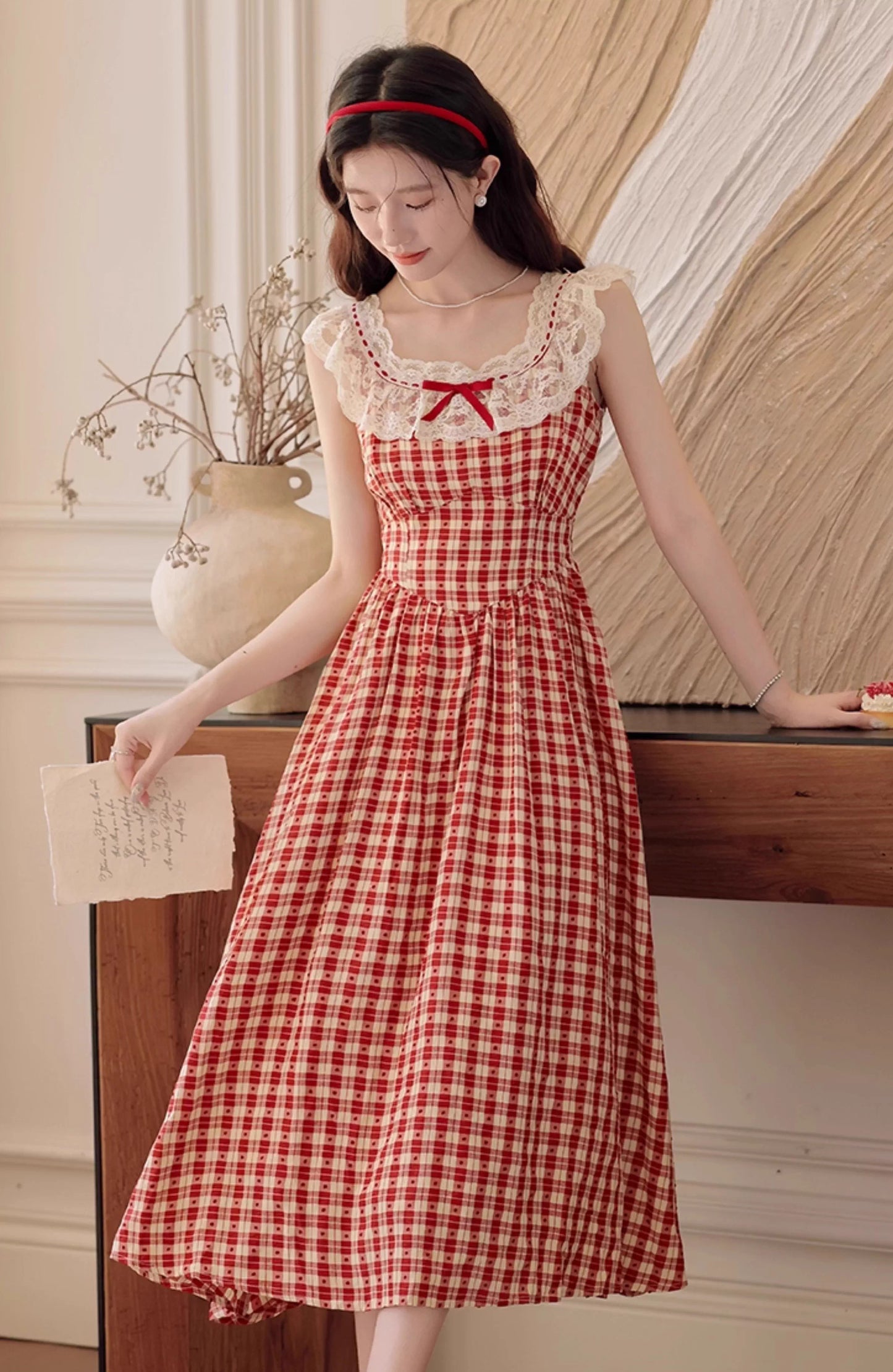 Picnic Plaid Sleeveless Midi Dress (Red)