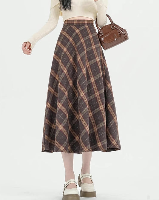 Oxford Plaid Midi Skirt (Brown)