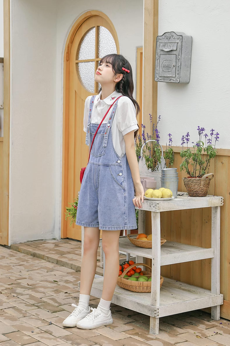 Rosy Days Embroidered Short Overalls (Light Denim)