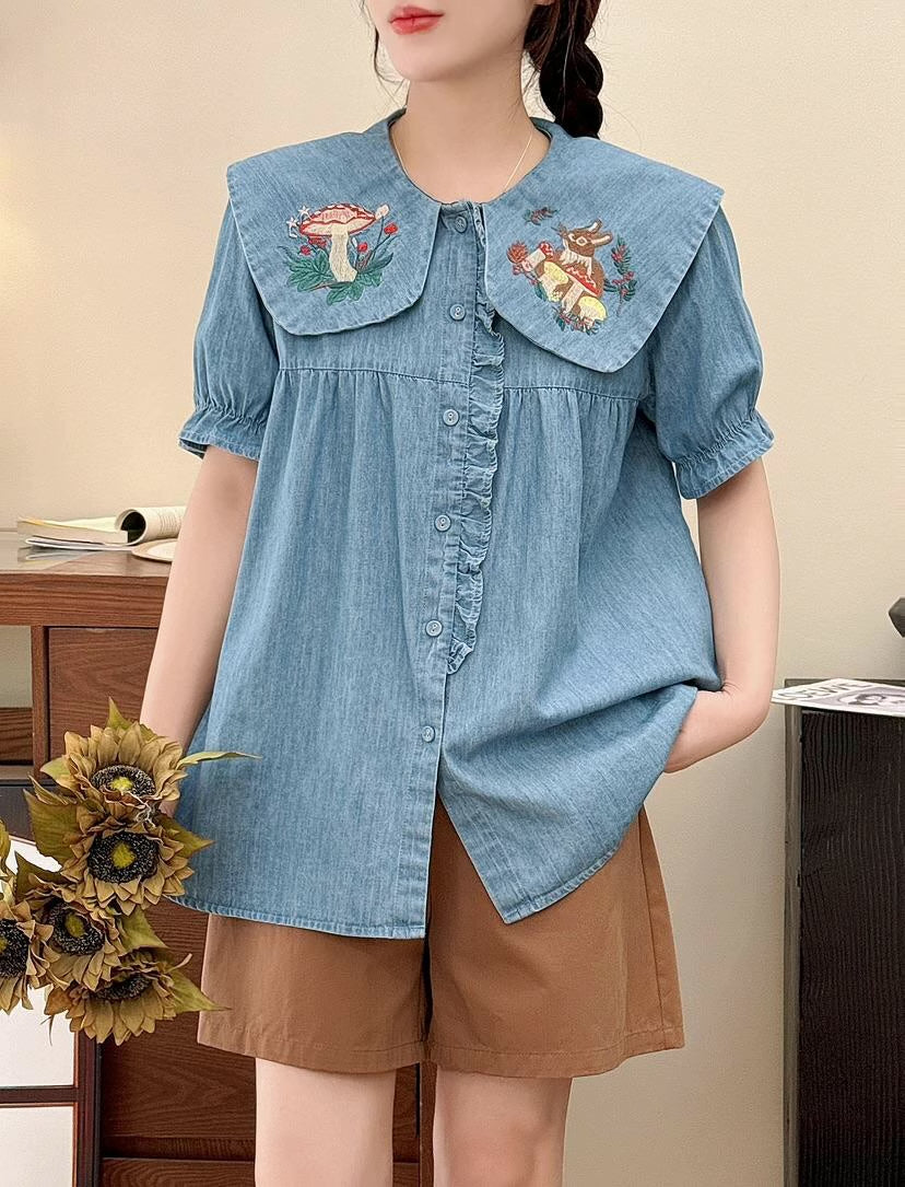 Mushroom Bunny Denim Blouse (2 Colors)