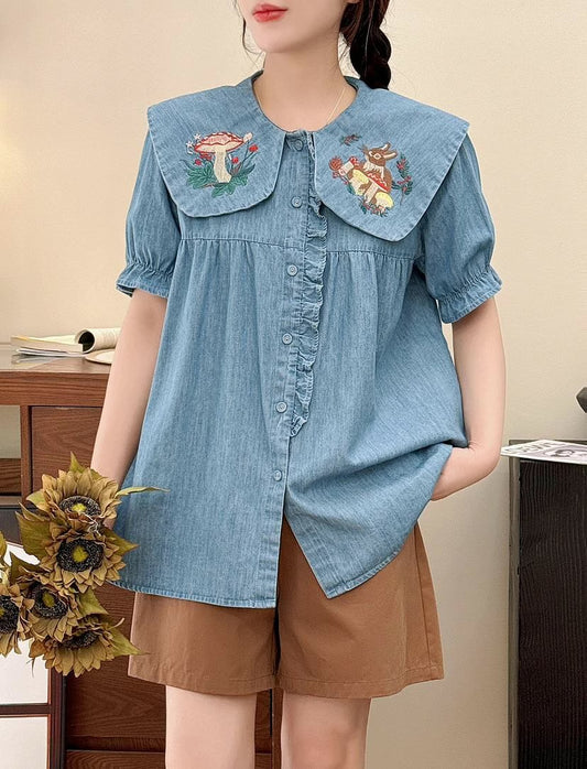 Mushroom Bunny Denim Blouse (2 Colors)