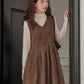 Fallen Leaves Plaid Pinafore Dress Set (Brown)