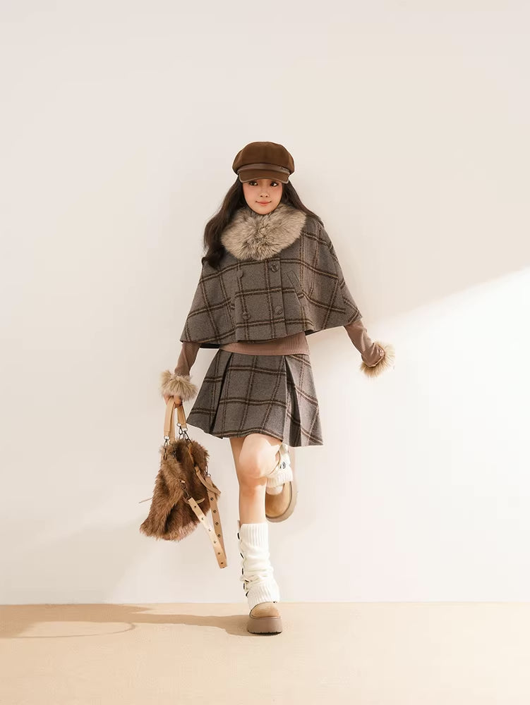 Library Plaid Capelet & Mini Skirt Set (Grey)