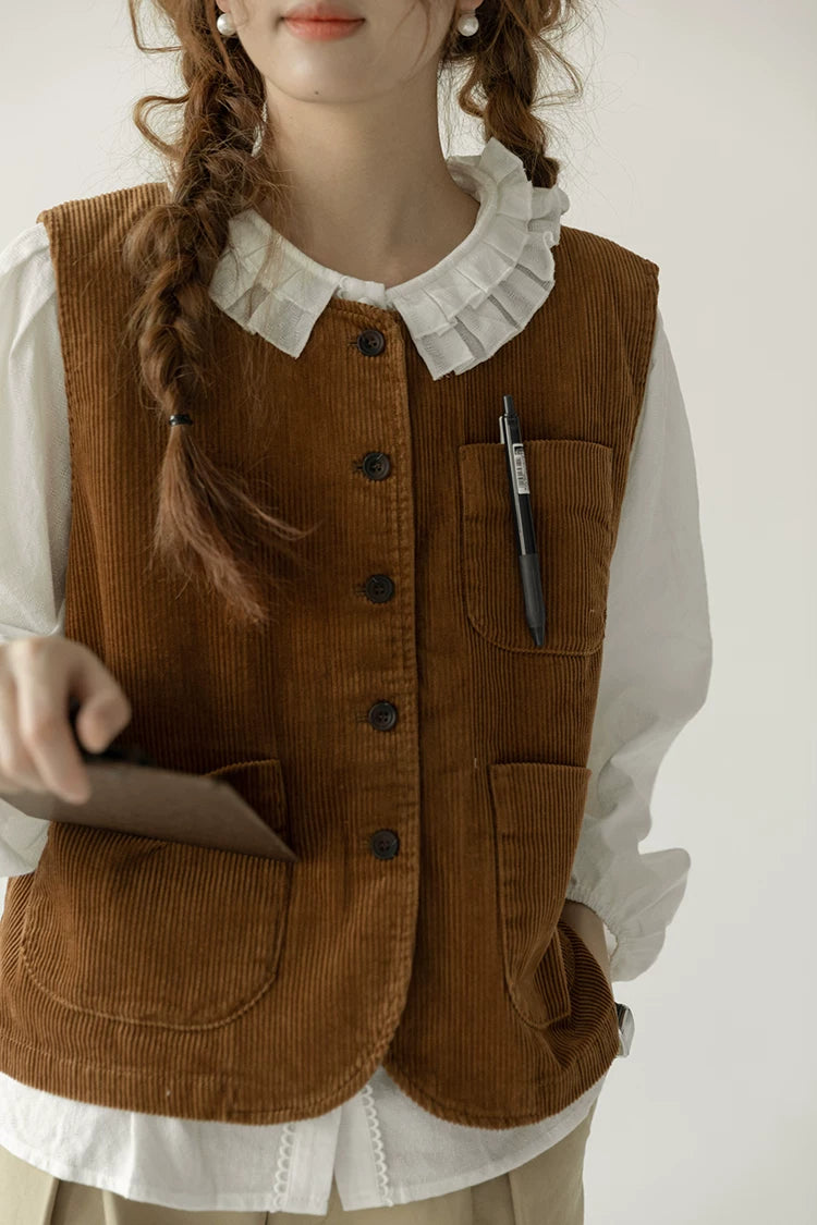 Corduroy Pocketful Vest (Brown)