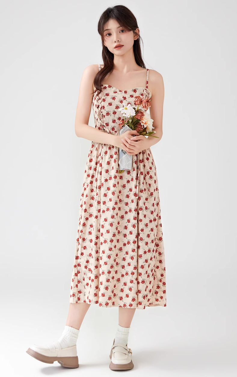 Lace Up Floral Cami Midi Dress (Beige/Red)