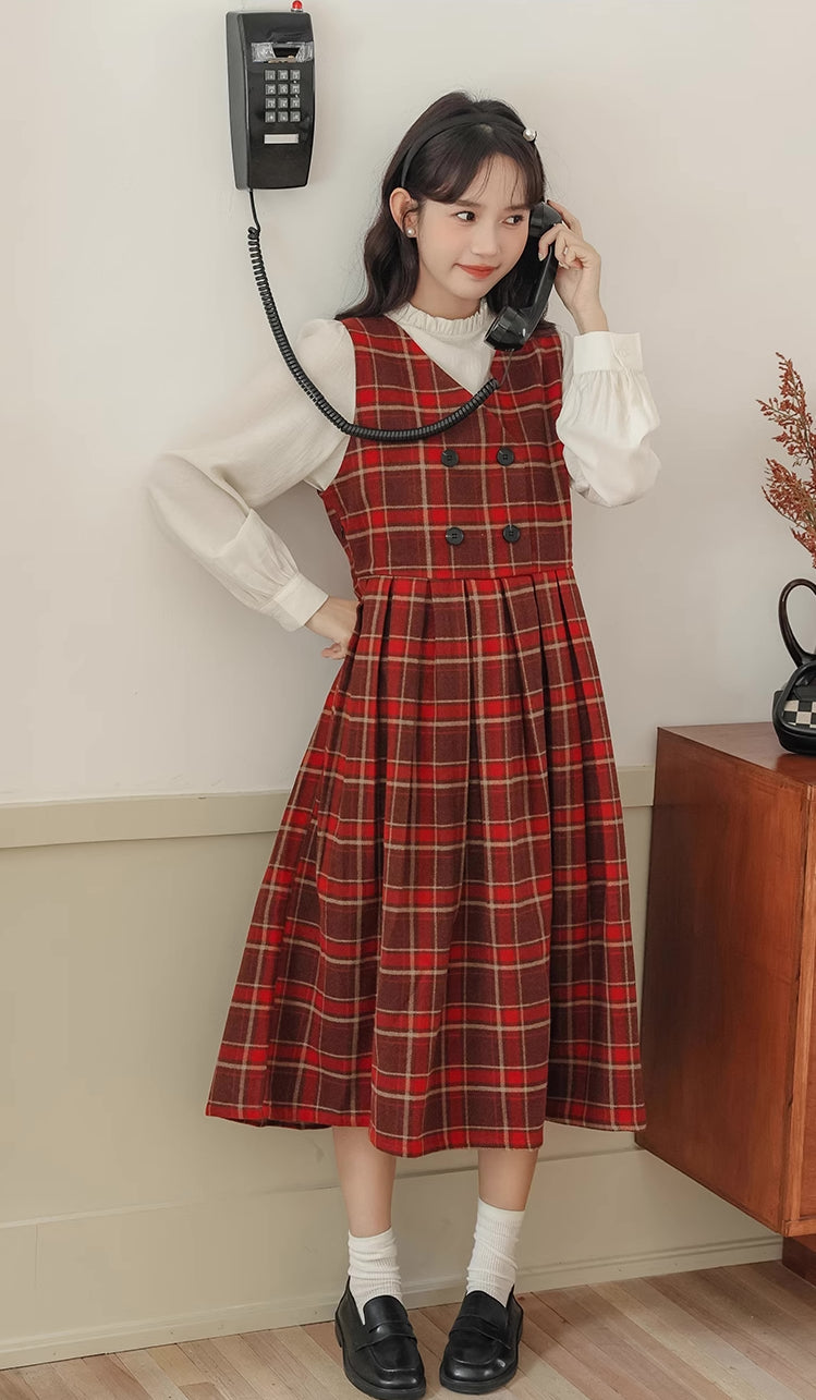 Biscuit Plaid Midi Dress (Red)