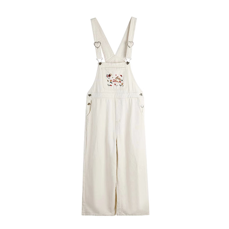 Sun Shining Embroidered Overalls (White)