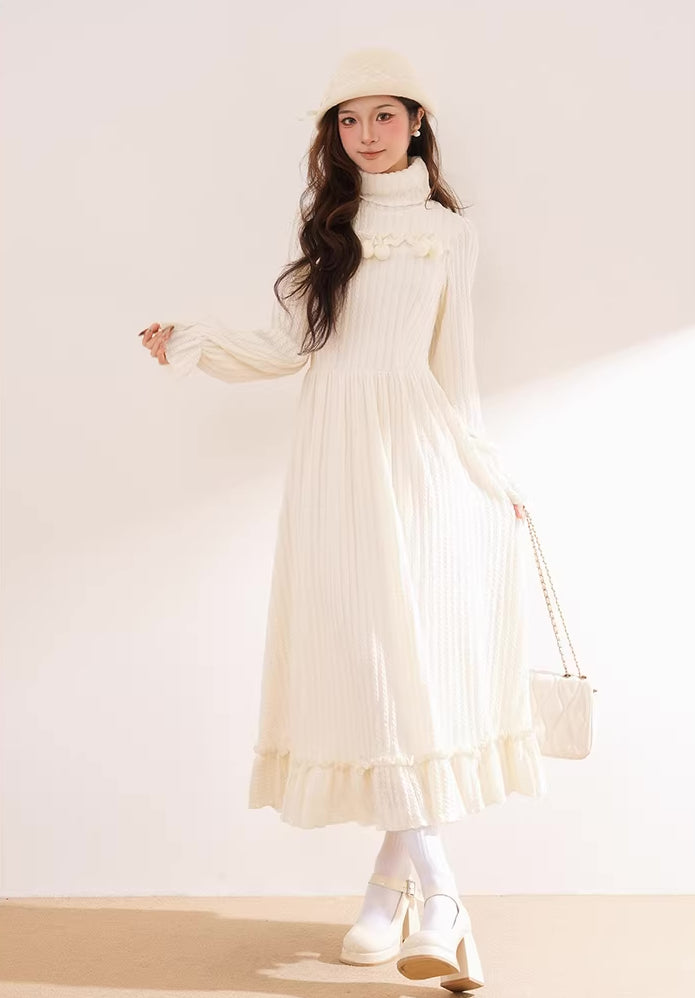 Cherry Pom Pom Turtleneck Sweater Dress (White)
