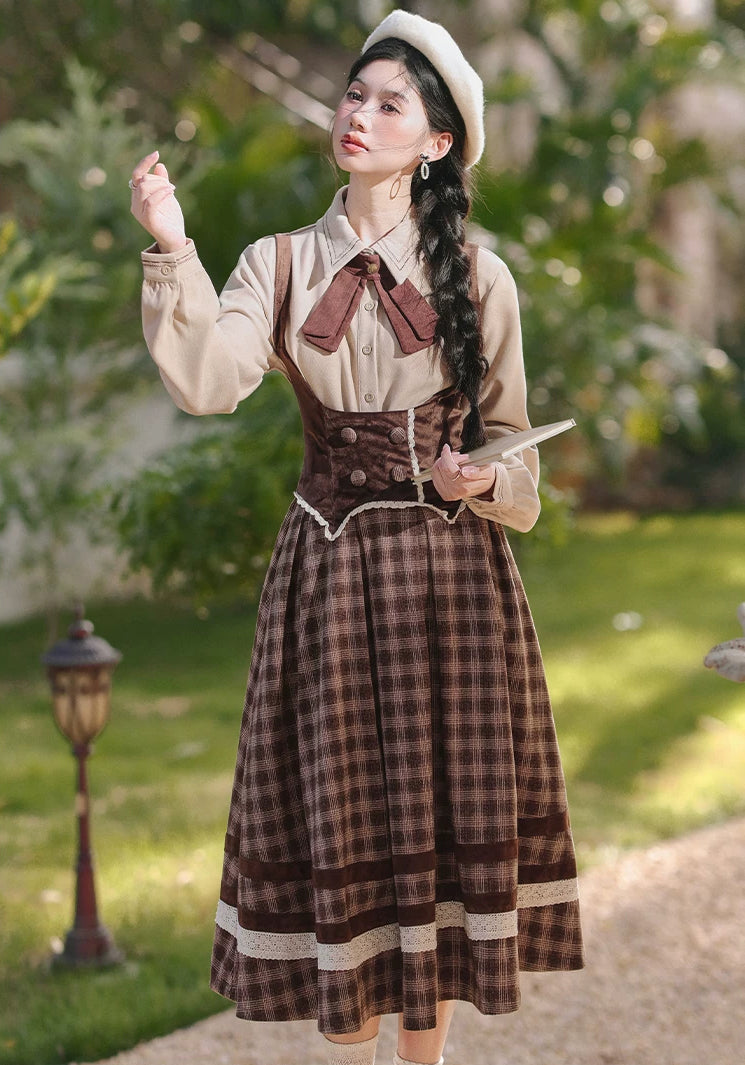 Mocca Plaid Suspender Skirt (Brown)