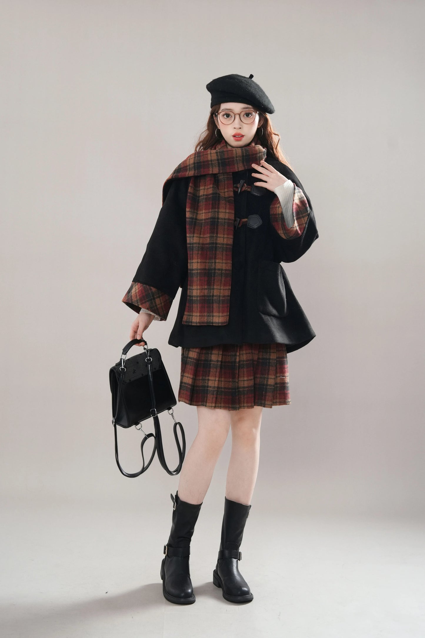 Bookshop Plaid Toggle Jacket & Skirt Set (Black)