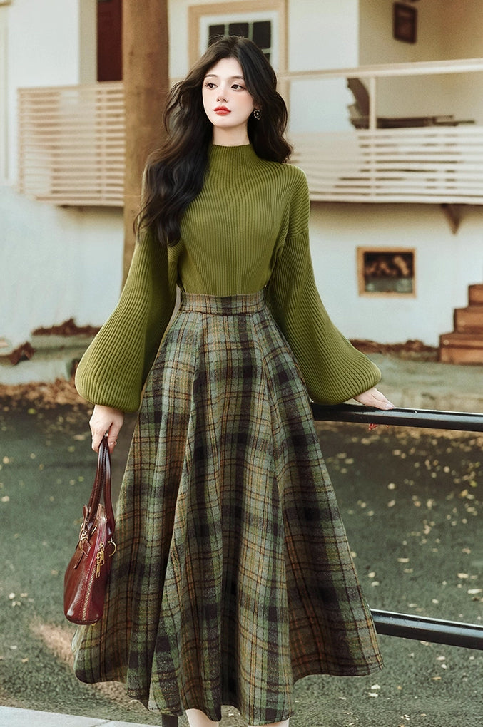 Willow Plaid Sweater & Skirt Set (Green)
