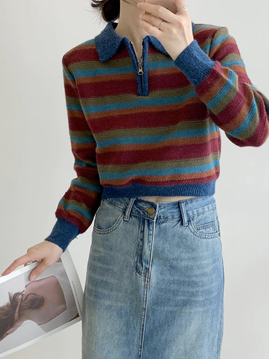 Autumn Vintage Stripe Polo Sweater (Blue/Red) – Megoosta Fashion