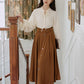 Classic Belted Button Midi Skirt (Brown)