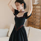 Onyx Rose Lace Up Dress (Black)