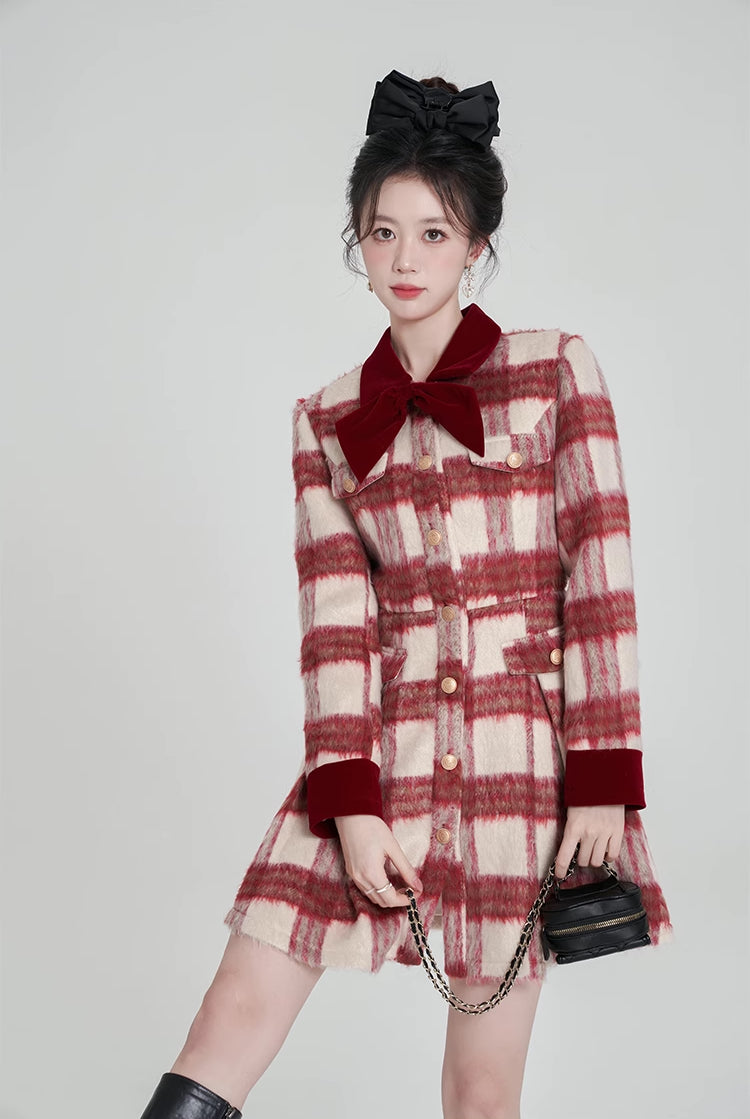 Fuzzy Candy Cane Plaid Mini Dress (Red/White)