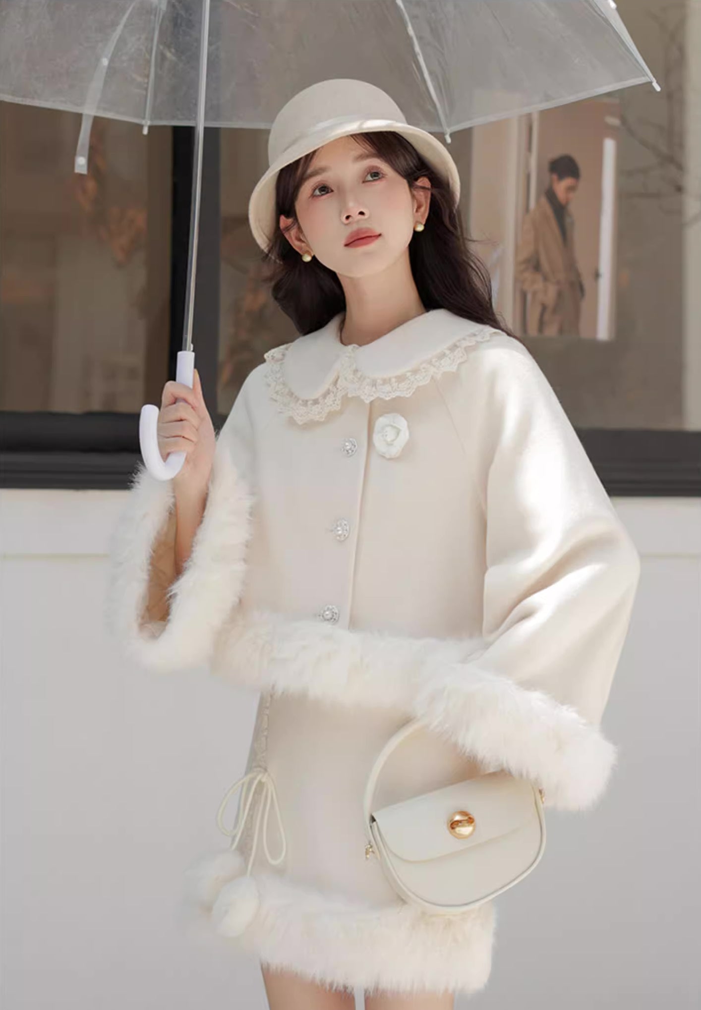 Fuzzy Snow Puff Tweed Set (Cream)