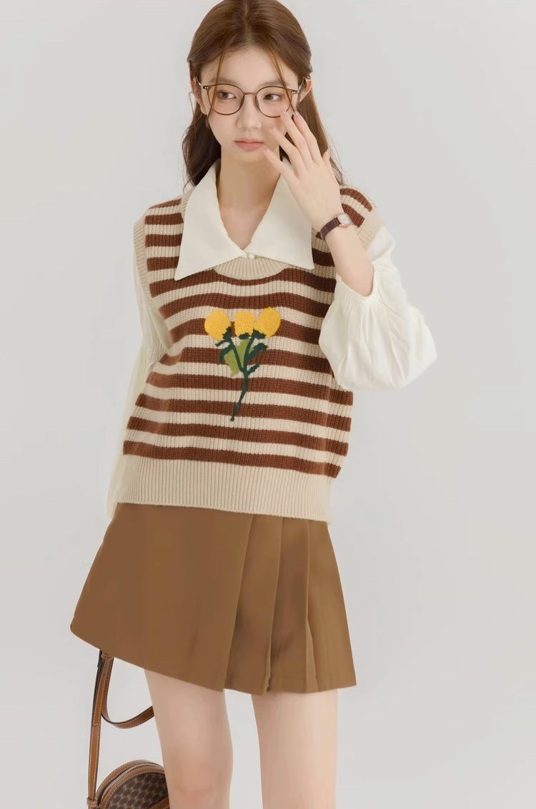 Half Pleated Mini Skirt (Brown)