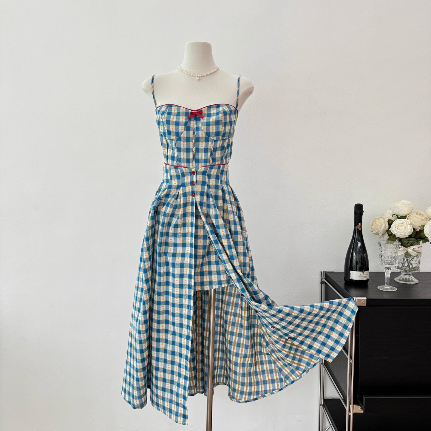 Vintage Gingham Floral Cami Dress (Blue)