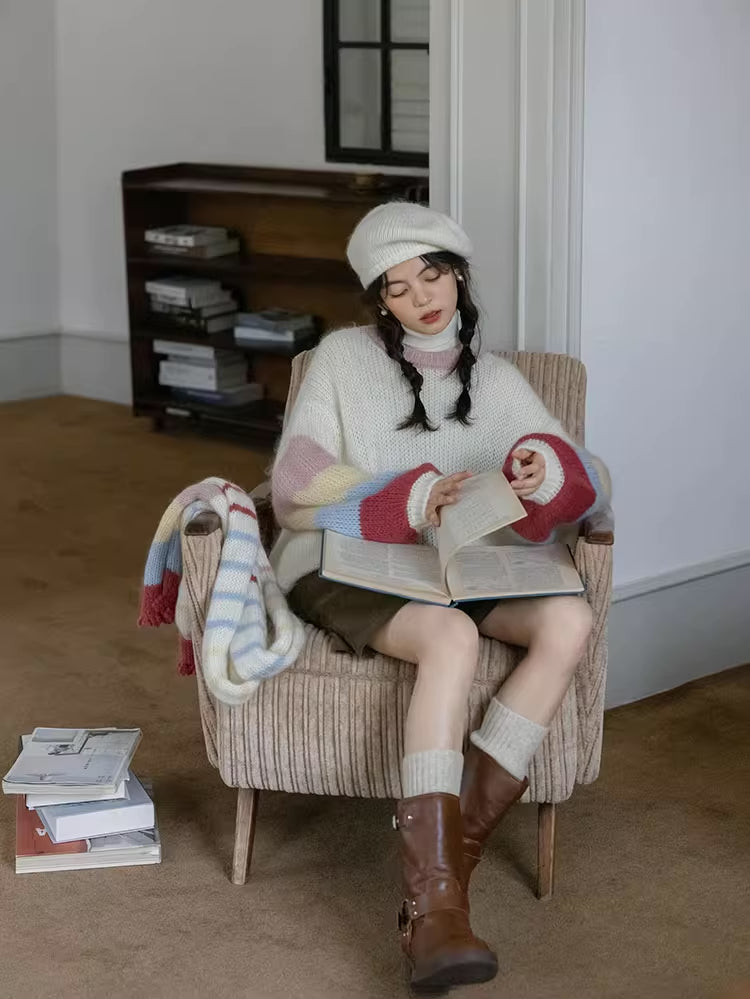 Rainbow Stripe Sleeves Sweater (White)