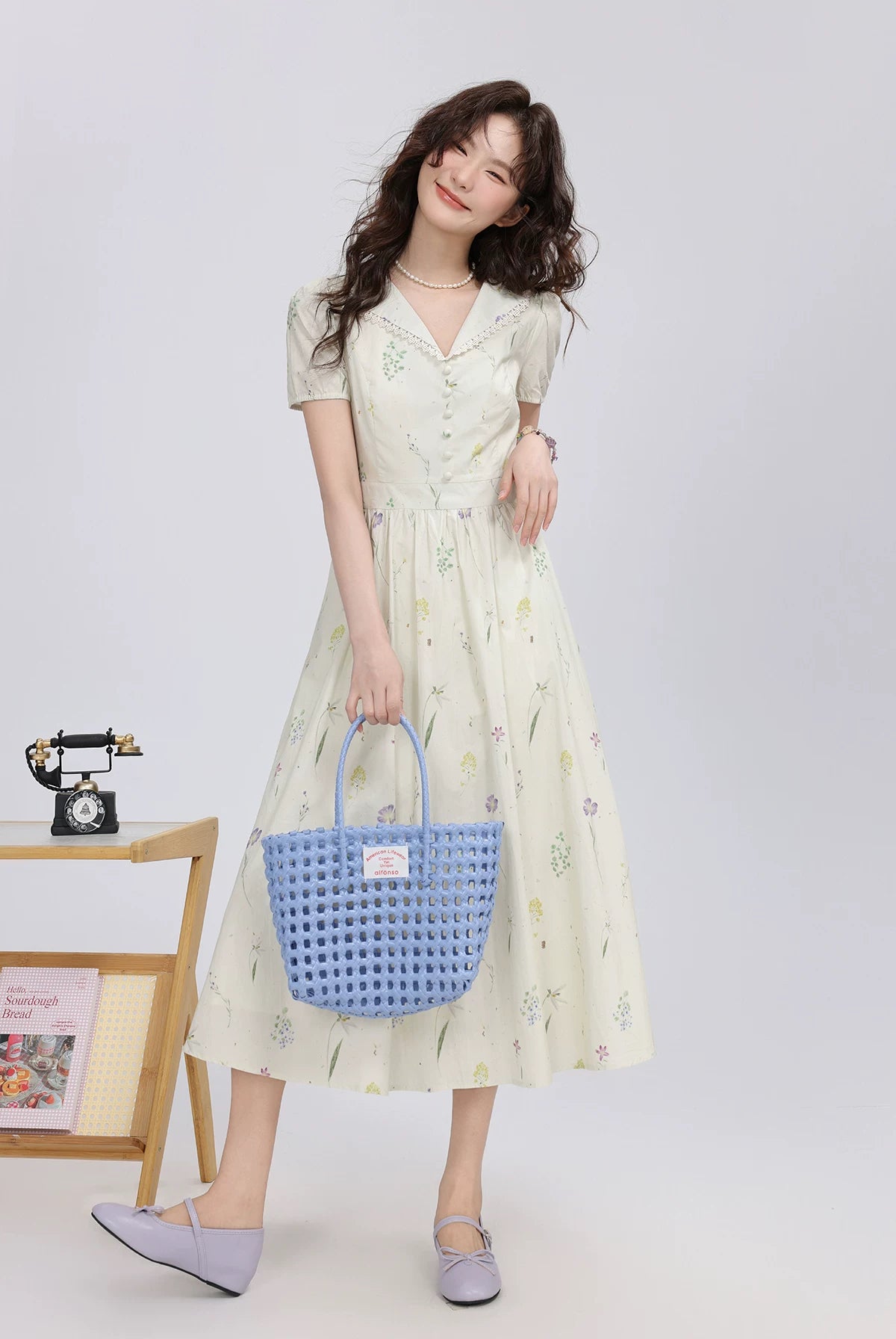 Dried Flowers Midi Shirt Dress (Cream)