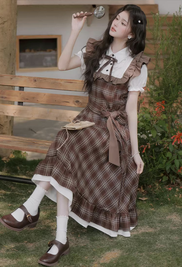 Hazel Plaid Flutter Twofer Midi Dress (Brown)