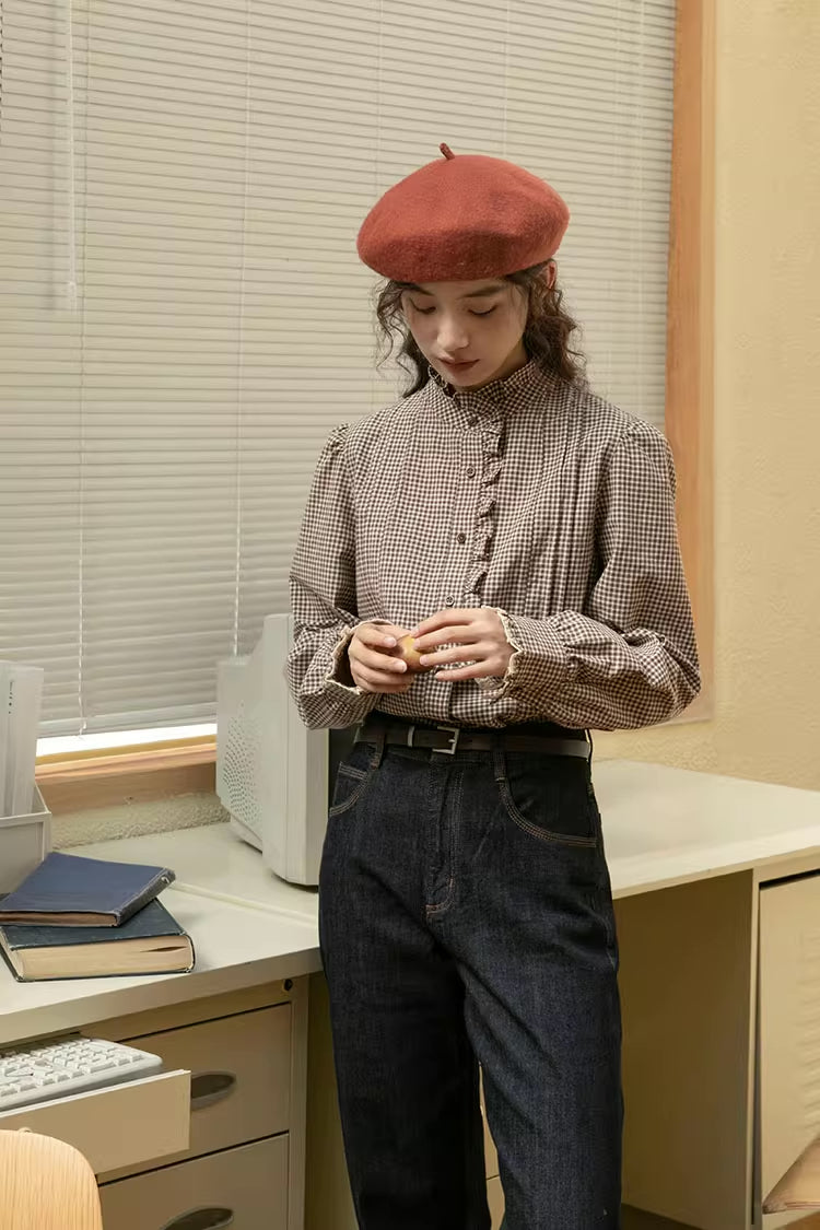 Gingham Plaid Ruffle Blouse (Coffee)