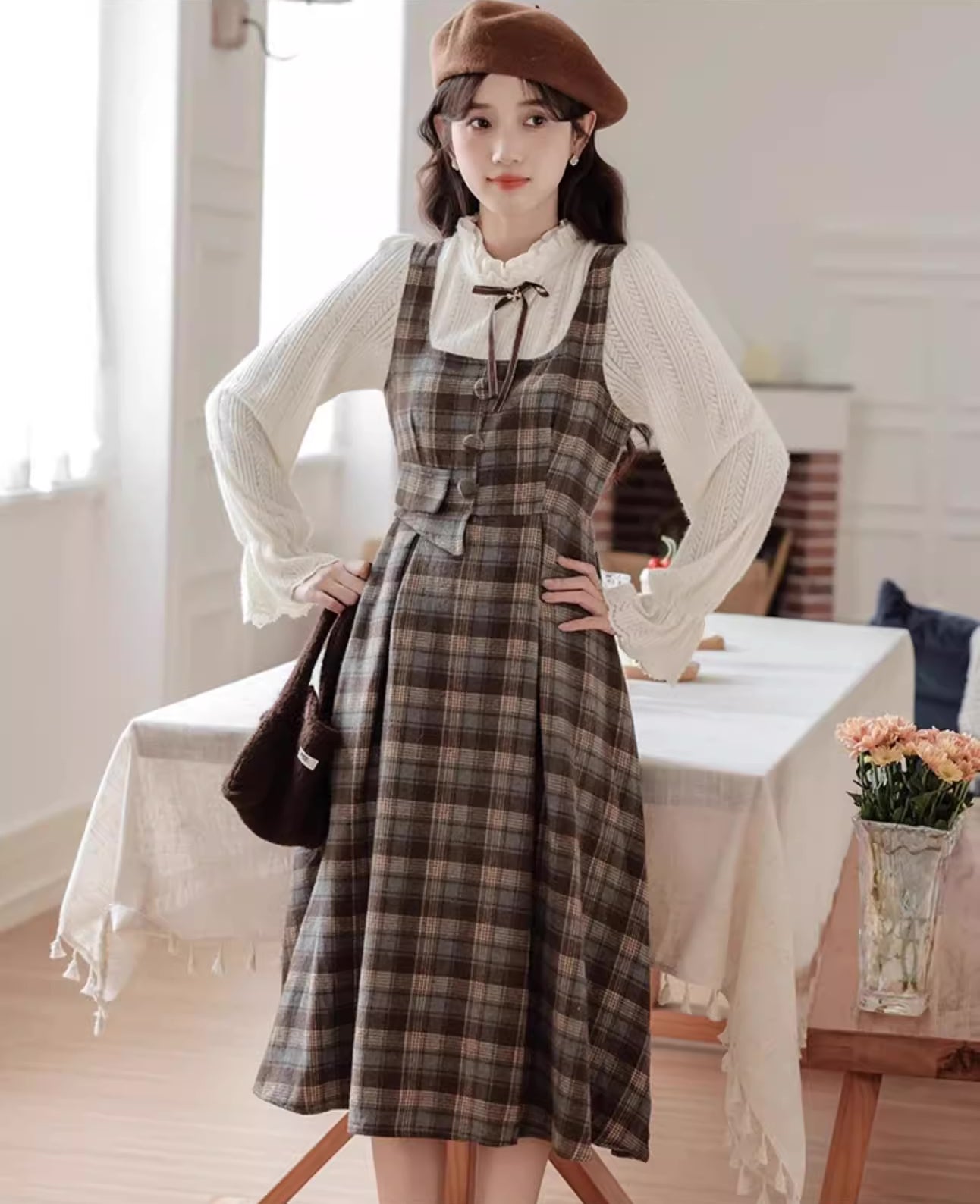 Mint Mocha Plaid Twofer Midi Dress (Khaki)